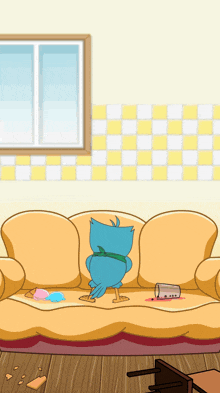 a cartoon of a bird standing on a couch