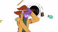 a cartoon drawing of a man with a purple w on his face