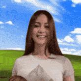 a woman wearing a t-shirt with a mountain on it