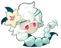 a cartoon character with white hair and a flower on her head