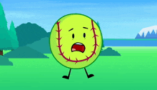 a cartoon illustration of a softball with a face and arms