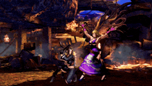 a video game scene with a woman in a purple dress holding a green light