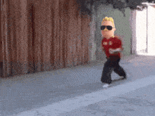 a cartoon character wearing sunglasses and a red shirt with a yellow mustache is walking down a street