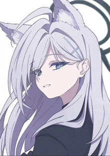 a girl with long white hair and cat ears has a cross in her hair