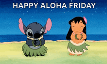 a cartoon of stitch and lilo dancing with the words happy aloha friday