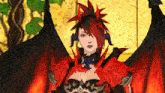 a woman with red hair and black wings is wearing a red and black outfit