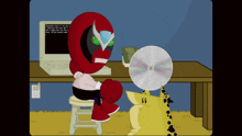 a cartoon character is sitting on a stool looking at a disc