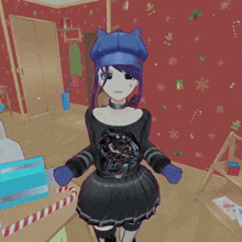 a girl wearing a blue hat is standing in a room with christmas decorations on the wall