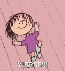 a cartoon of a girl in a purple dress jumping in the air on a pink background .