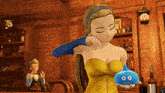 a woman in a yellow dress is holding a blue slime in her hand