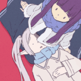 a drawing of a girl with purple hair laying on another girl