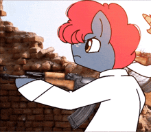 a cartoon of a pony with red hair holding a gun