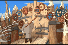 a cartoon of a man holding a spear standing in front of a wooden wall with shields on it