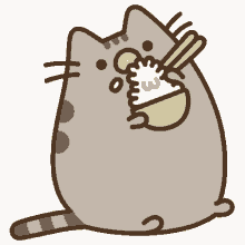 pusheen eating rice happy hungry