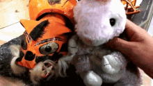 a person is holding a stuffed animal next to a tiger mask