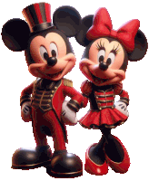 mickey mouse and minnie mouse standing next to each other on a white background