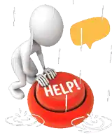 a cartoon character is pressing a red help button