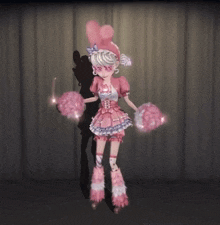 a girl in a pink dress is holding pink pom poms and wearing a heart shaped hat