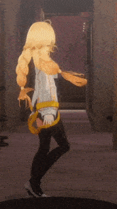 a girl with blonde hair and black thigh high socks is standing in a hallway