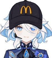a girl wearing a mcdonald 's hat and a microphone