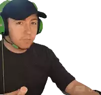 a man wearing headphones and a hat holds a piece of food in his hand