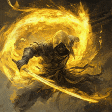 a man in a hooded robe is holding a sword in front of a fire circle