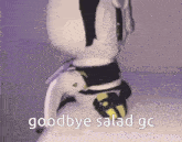 a stuffed animal with the words `` goodbye salad gc '' on it .
