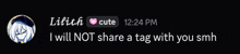 a screenshot of a conversation between lilith and someone named cute