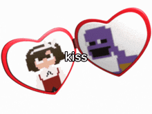 a heart shaped mirror with a girl and a purple ghost on it and the word kiss below it