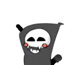 a grim reaper with a skull on his head and red eyes is holding his arms up in the air .