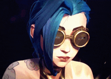 a cartoon character with blue hair and goggles on her face
