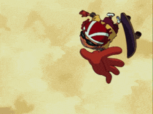 a cartoon character wearing a red and white helmet with a v on it