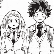 a black and white drawing of a boy and a girl wearing suits and ties .