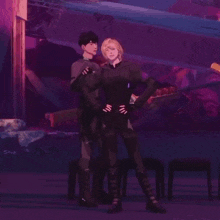 a couple of anime characters standing next to each other in a dark room