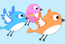 three colorful birds are standing next to each other