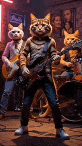 a group of cats playing guitars and drums in front of a sign that says ' acapulco '