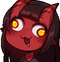 a pixel art drawing of a demon girl with horns and glowing eyes .