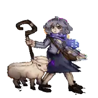 a pixel art of a girl holding a cane standing next to a sheep