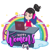 a cartoon of a girl sitting at a desk with a laptop and the words happy women 's day below her