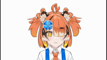 a girl with orange hair and a blue flower in her hair