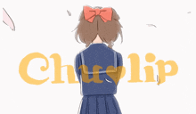 a girl with a red bow on her head is standing in front of the words chu lip