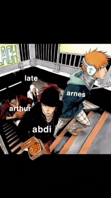 a group of anime characters are walking down stairs and one of them is holding a pizza