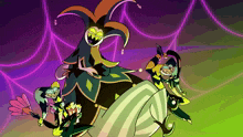 a cartoon drawing of a group of jesters with a large jester in the middle