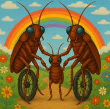 a painting of cockroaches holding hands with a baby cockroach