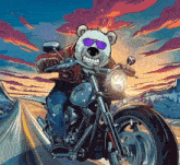 an illustration of a polar bear riding a motorcycle