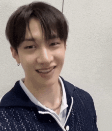 a young man wearing a blue sweater and a white shirt is smiling for the camera .