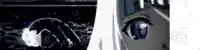 a close up of a person 's face with a white haired girl 's eyes .