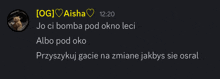 a screenshot of a chat between aisha and jo ci bomba pod okno leci
