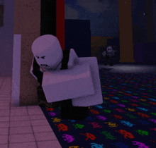 a cartoon character with an angry face is standing in a room with a colorful carpet