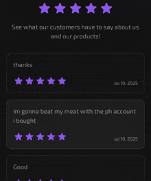 a screenshot of a website with purple stars and the words " see what our customers have to say about us and our products "